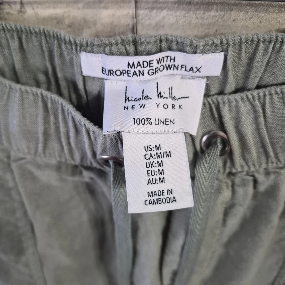 ​Nicole Miller 100% Linen Cargo Pants Women's Size M Sage Green Joggers Flax - Picture 3 of 9